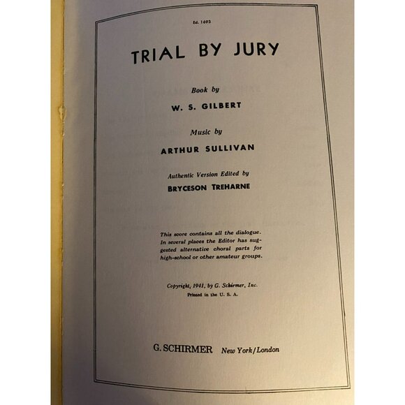 G. Schirmer Edition Of "Trial By Jury" 1941 Musical Score Gilbert and Sullivan - Picture 2 of 11